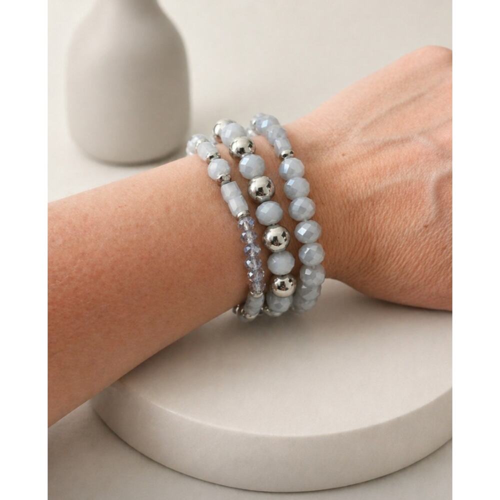 Pomina Gray Silver Beaded Stretch Bracelet Stack